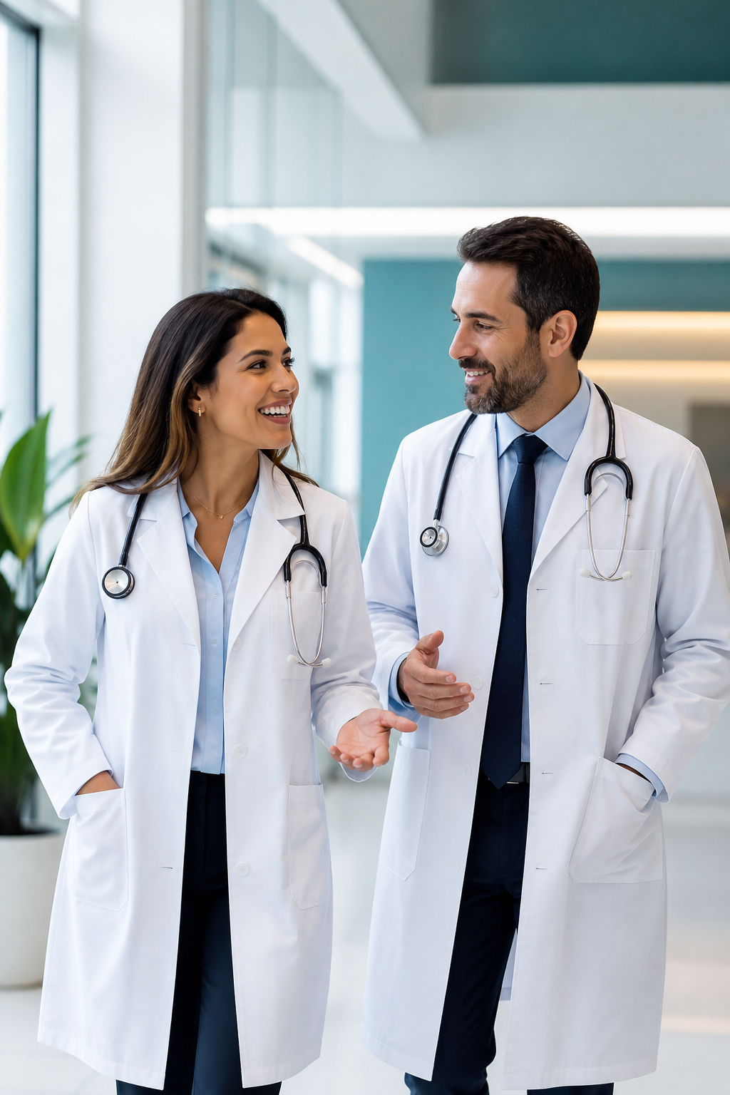Médica e médico conversando no consultório